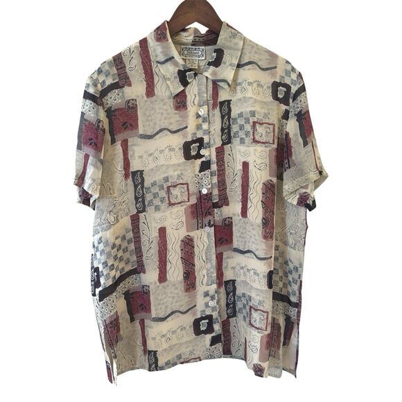 Vintage Abstract Womens 100% Silk Button Shirt Bohemian L Paisley Loop Collar - Picture 1 of 8